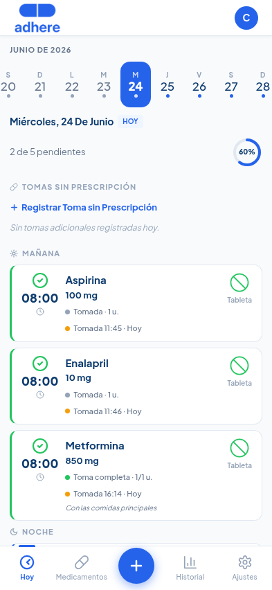 adhere app — pastillero diario