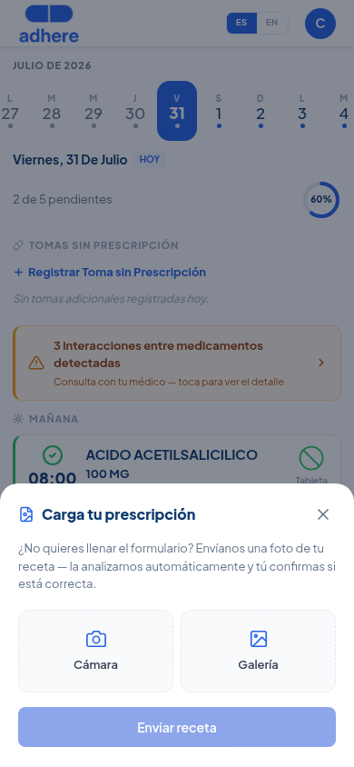 Pantalla para elegir Cámara o Galería