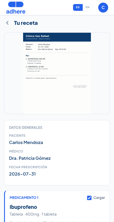 Datos generales y primer medicamento extraídos de la receta
