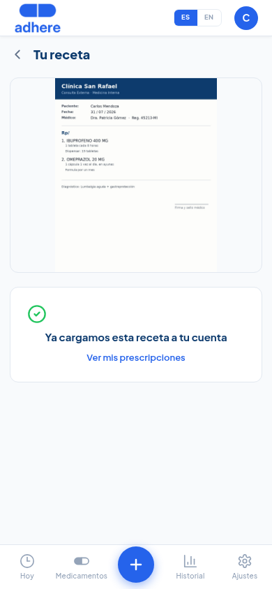 Confirmación de receta cargada exitosamente