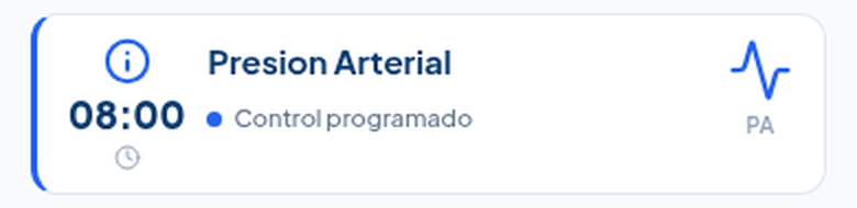 Tarjeta de Presion Arterial con borde azul, igual que las tarjetas de medicamentos, mostrando Control programado