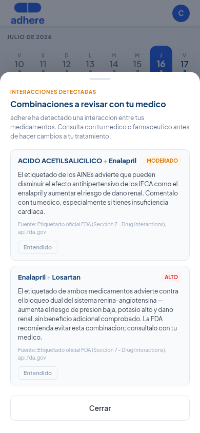 Hoja Interacciones detectadas con dos tarjetas: Ácido acetilsalicílico + Enalapril (Moderado) y Enalapril + Losartán (Alto)