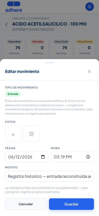 Hoja Editar movimiento mostrando el tipo de movimiento bloqueado con la explicacion del modelo Kardex