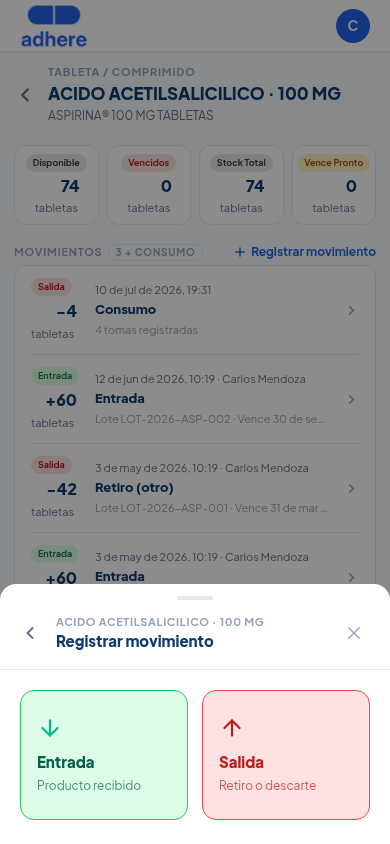 Selector Entrada o Salida al registrar un movimiento de inventario