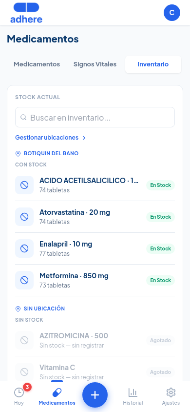 Pestana Inventario en Medicamentos, agrupada por ubicacion, con badges En Stock y Agotado