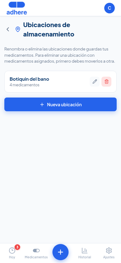 Pantalla Ubicaciones de almacenamiento con opciones de renombrar y eliminar