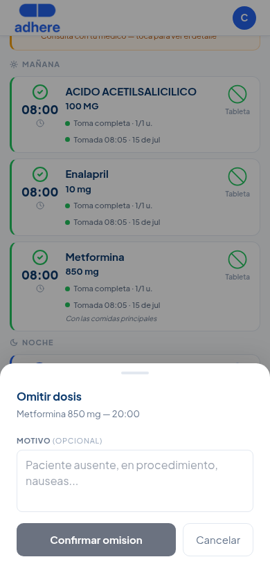 Hoja Omitir dosis con campo de motivo opcional y botón Confirmar omisión