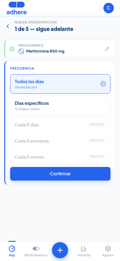 Paso de frecuencia mostrando opciones Todos los días y Días específicos