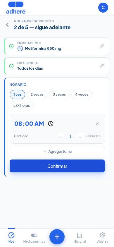 Paso de horario mostrando selector de veces al día y hora