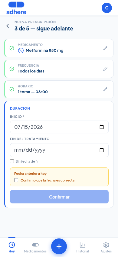 Paso de duración mostrando fecha de inicio y aviso de fecha anterior a hoy