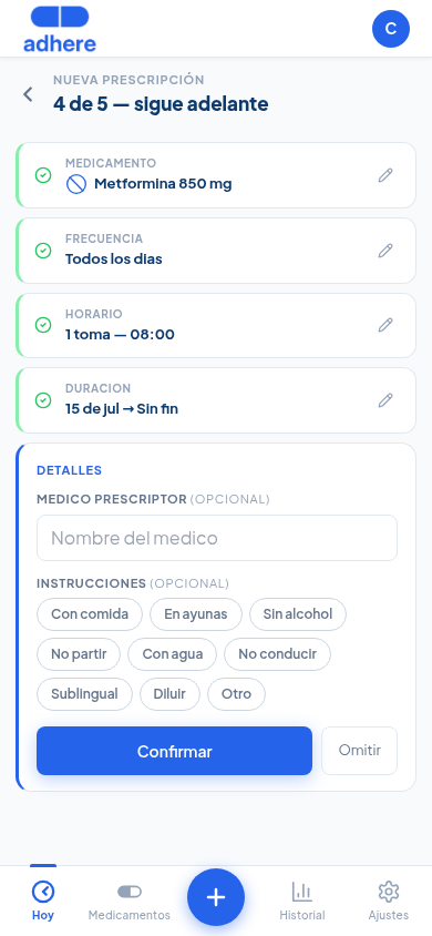 Paso de detalles opcionales mostrando médico prescriptor e instrucciones