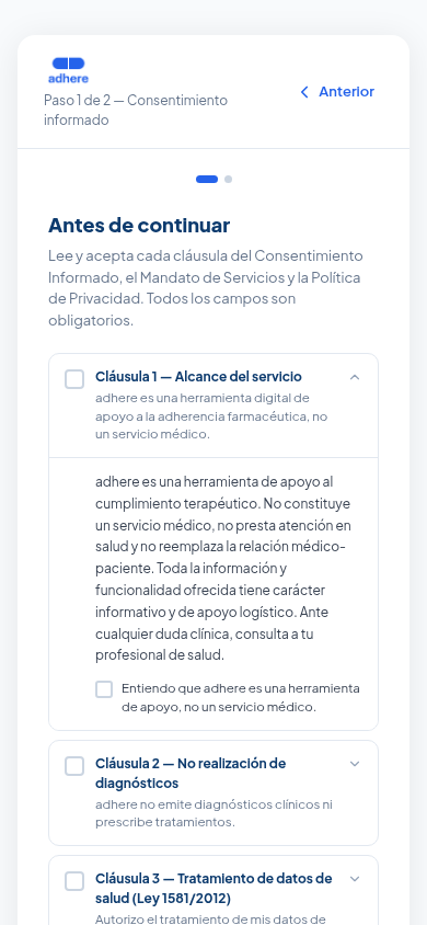 Clausula 1 expandida mostrando el texto legal completo y la casilla Entiendo que adhere es una herramienta de apoyo