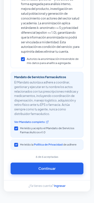 6 de 6 aceptadas, botón Continuar habilitado en azul