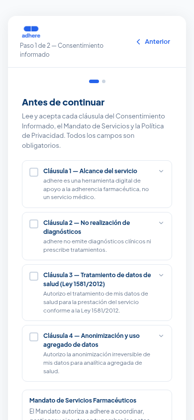 Paso 1 de 2, Consentimiento informado, con las 4 clausulas colapsadas