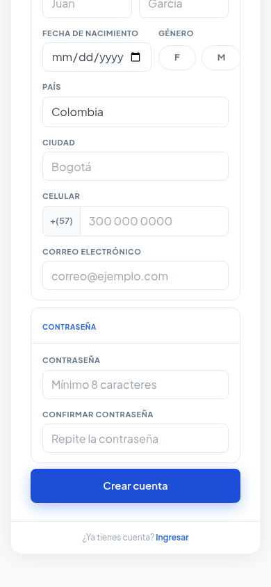 Sección Contraseña con Contraseña y Confirmar contraseña, botón Crear cuenta