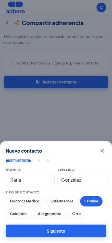 Paso 1 de 3, Identificación, con nombre, apellido y los 6 tipos de contacto