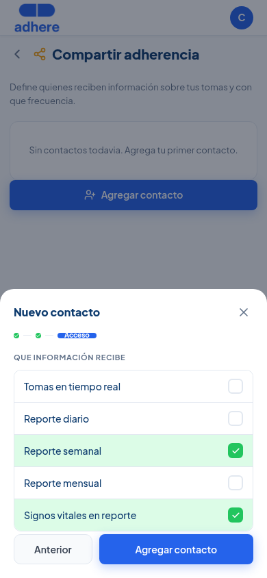 Paso 3 de 3, Acceso, con 5 casillas independientes, dos marcadas: Reporte semanal y Signos vitales en reporte