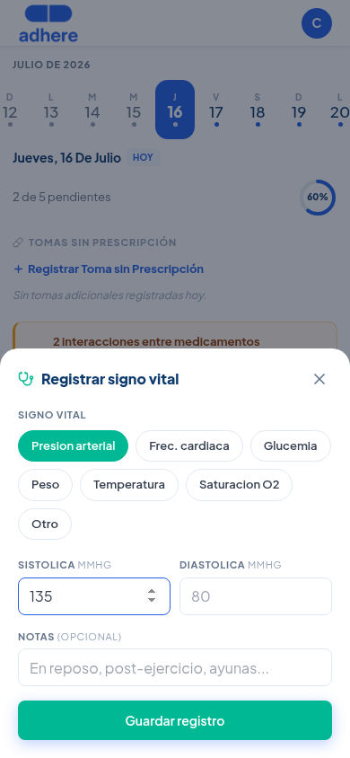 Presión arterial con sistólica en 135