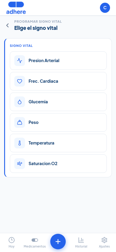 Paso 1 de 4 del asistente, elige el signo vital a programar